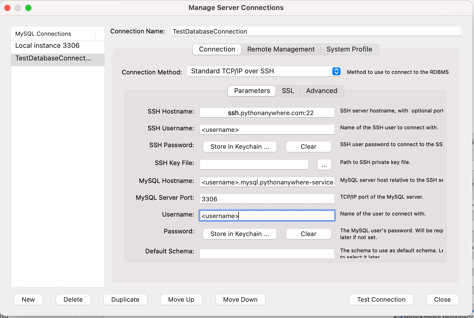 MySQL Workspace connection dialog