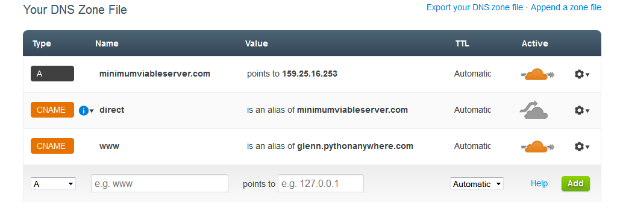 screenshot of cloudflare dns settings page